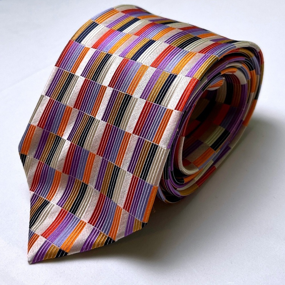 Dona Vinci Mens Geometric Patchwork Silk Hand Made Necktie OS Multicolor NEW